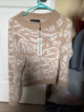 Fuzzy Beige & White Patterned Women's Sweater